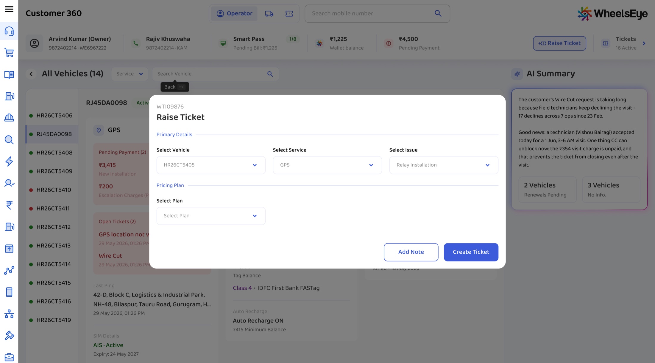 Raise Ticket modal, with the AI Summary still readable beside it