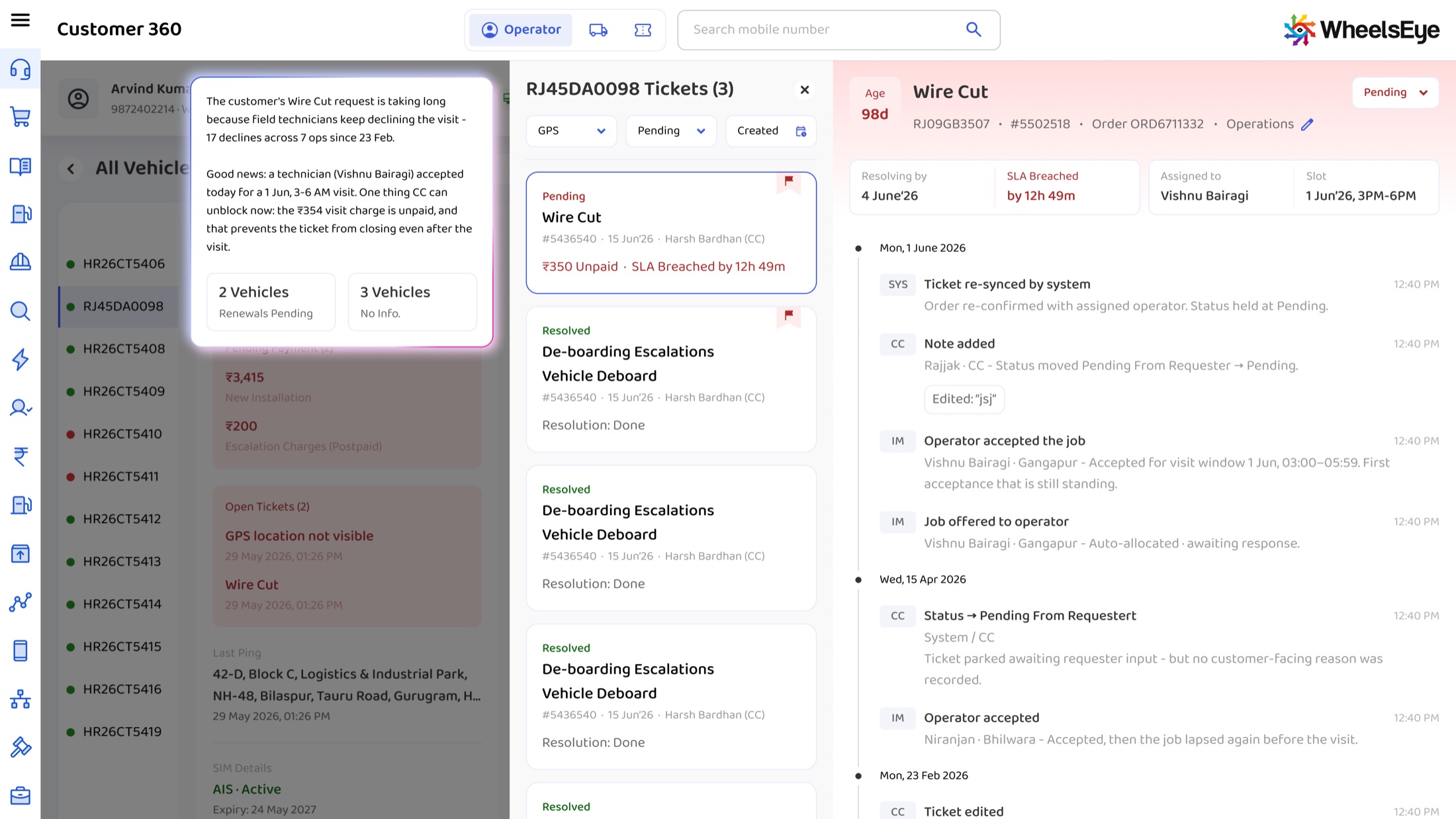 Ticket drawer with the timeline; the AI Summary lifts into a floating card beside it