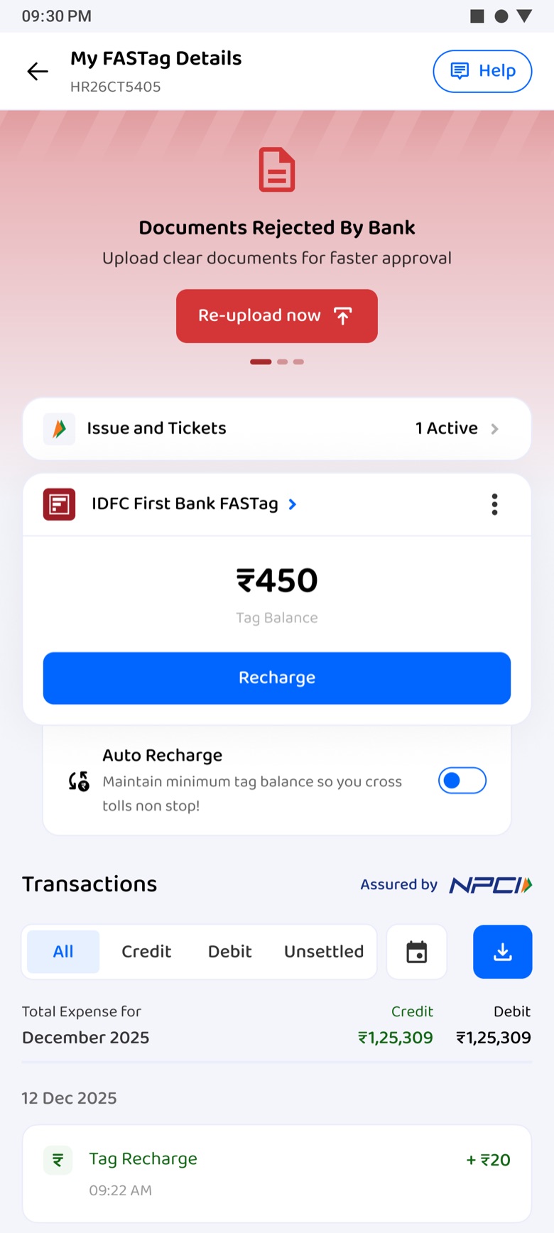 My FASTag Details led by a Documents Rejected By Bank banner and Re-upload now