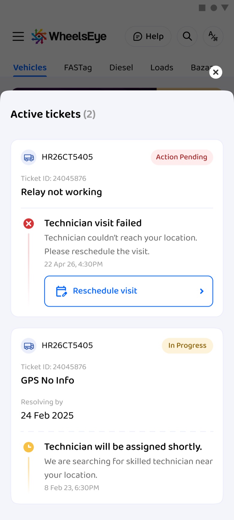Active tickets sheet on home: technician visit failed, reschedule
