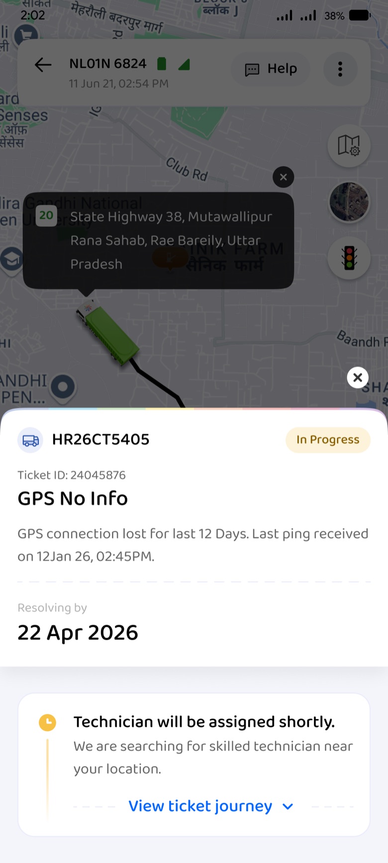 GPS No Info ticket sheet over the vehicle map