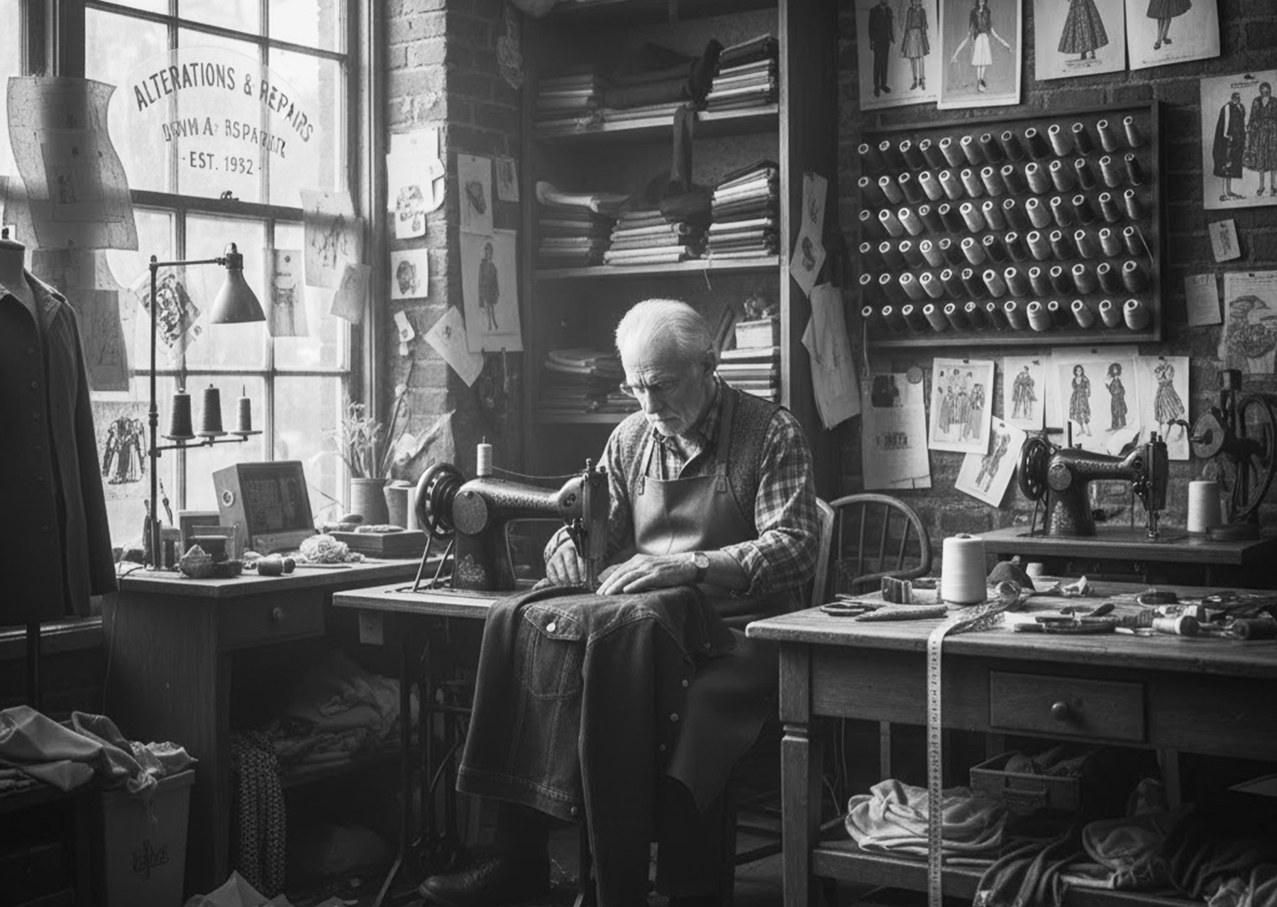 An elderly tailor at a sewing machine in a busy workshop