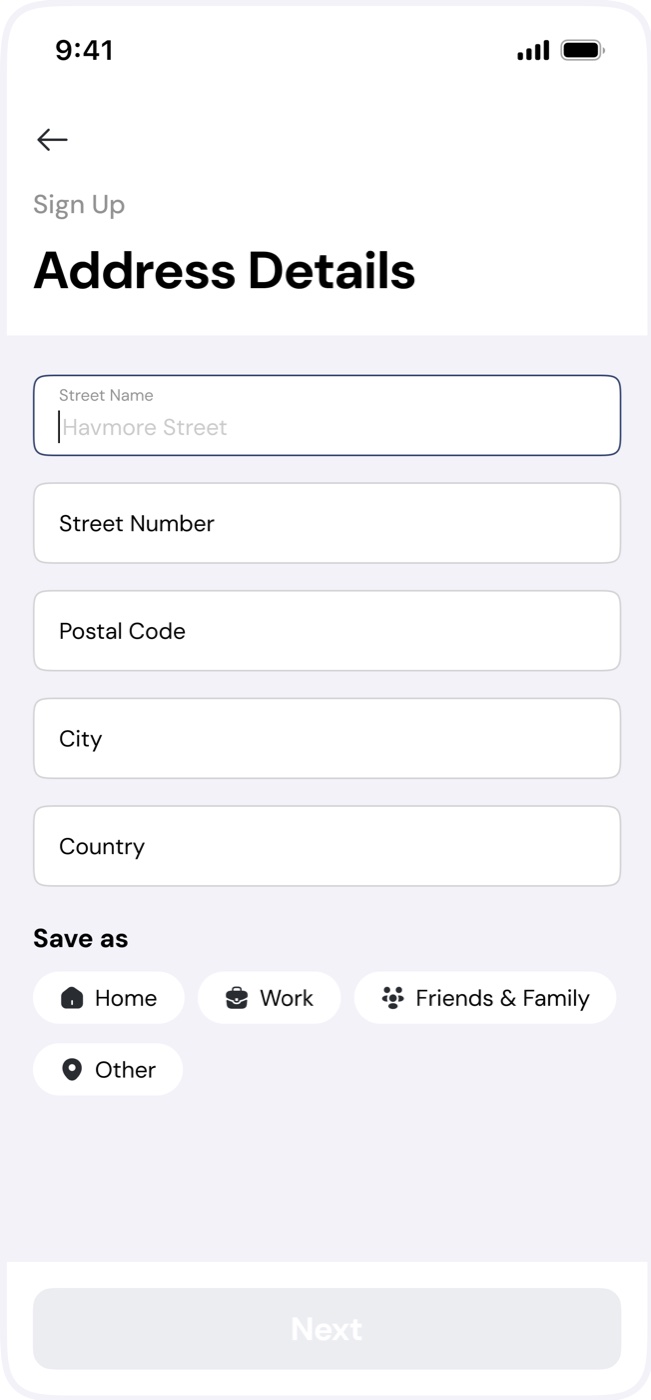 Sign-up address details with Save as Home, Work, Friends and Family, Other