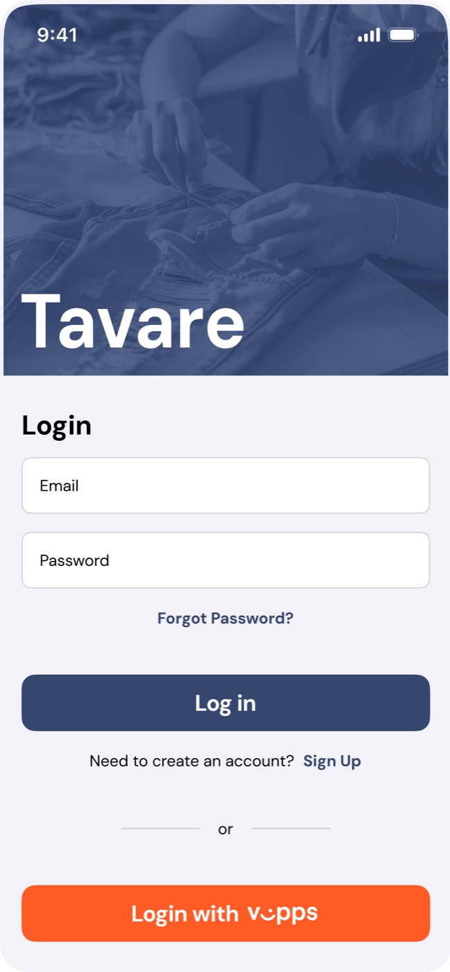 Login screen with email, password and a Login with Vipps button