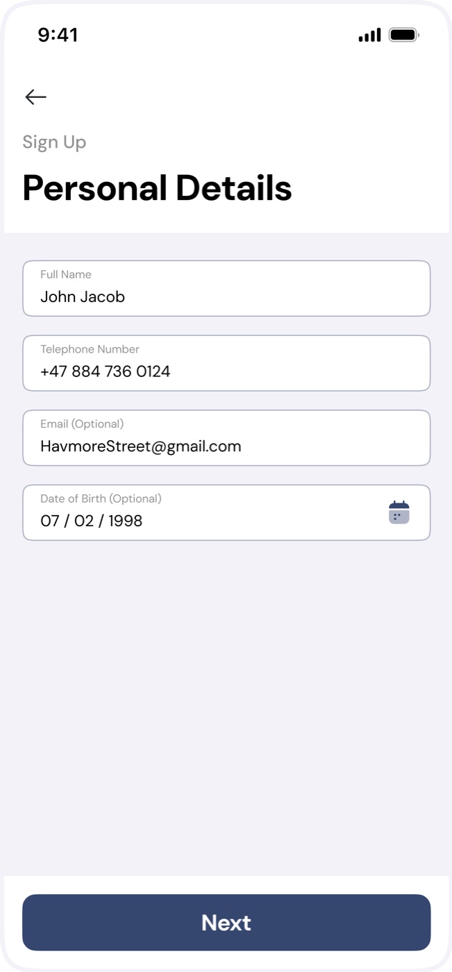 Sign-up personal details with optional email and date of birth