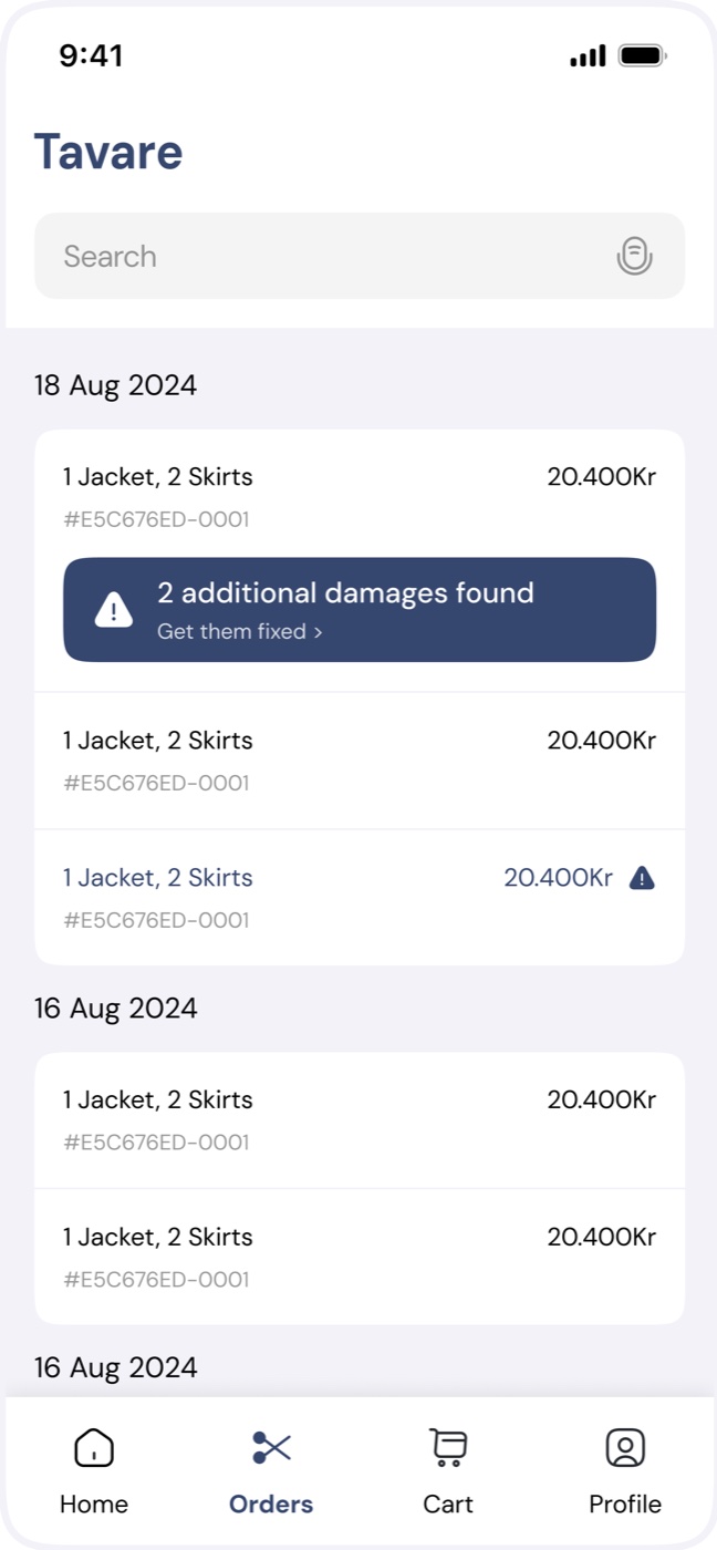 Orders list where one order carries the additional damages banner