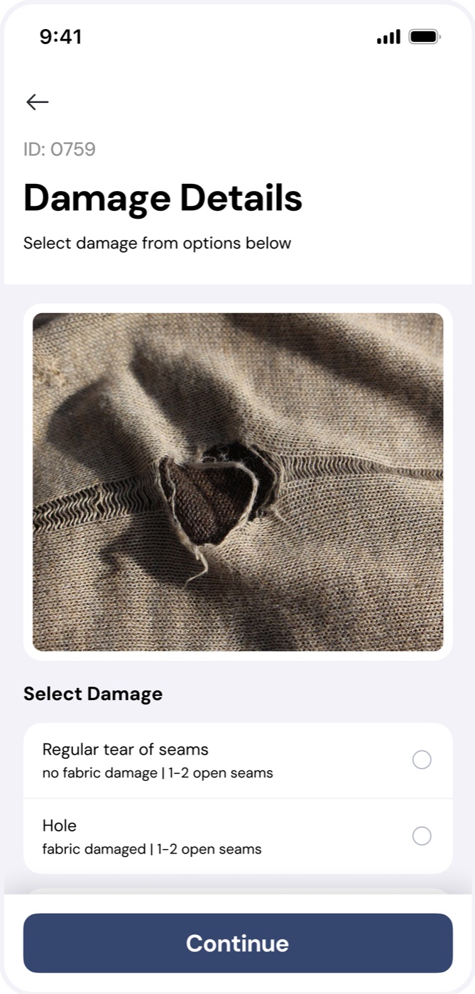 Damage details with the photo and a list of damage options