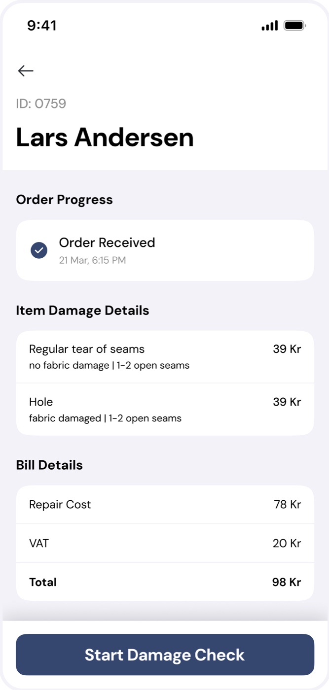 Order detail with bill and Start Damage Check