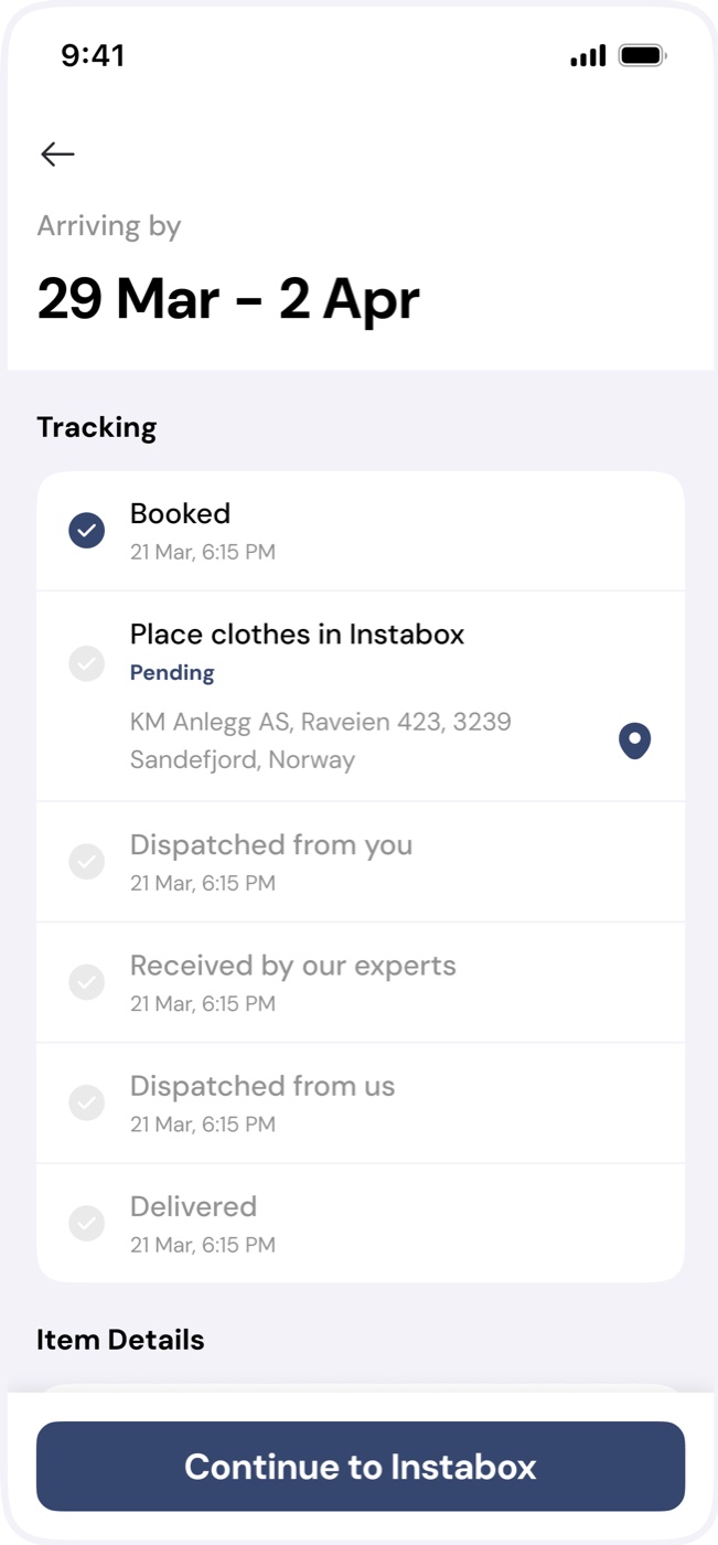 Tracking with Place clothes in Instabox marked pending