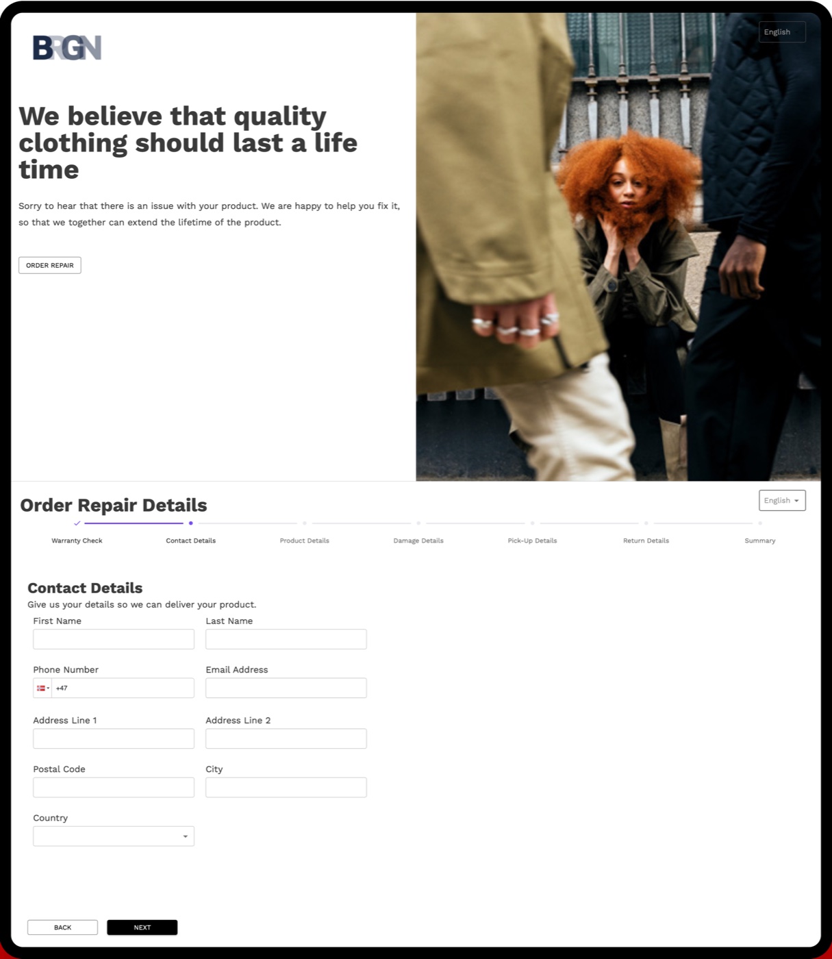 The original repair web page on a tablet: a large photo, a small Order Repair button, and a seven-step contact details form