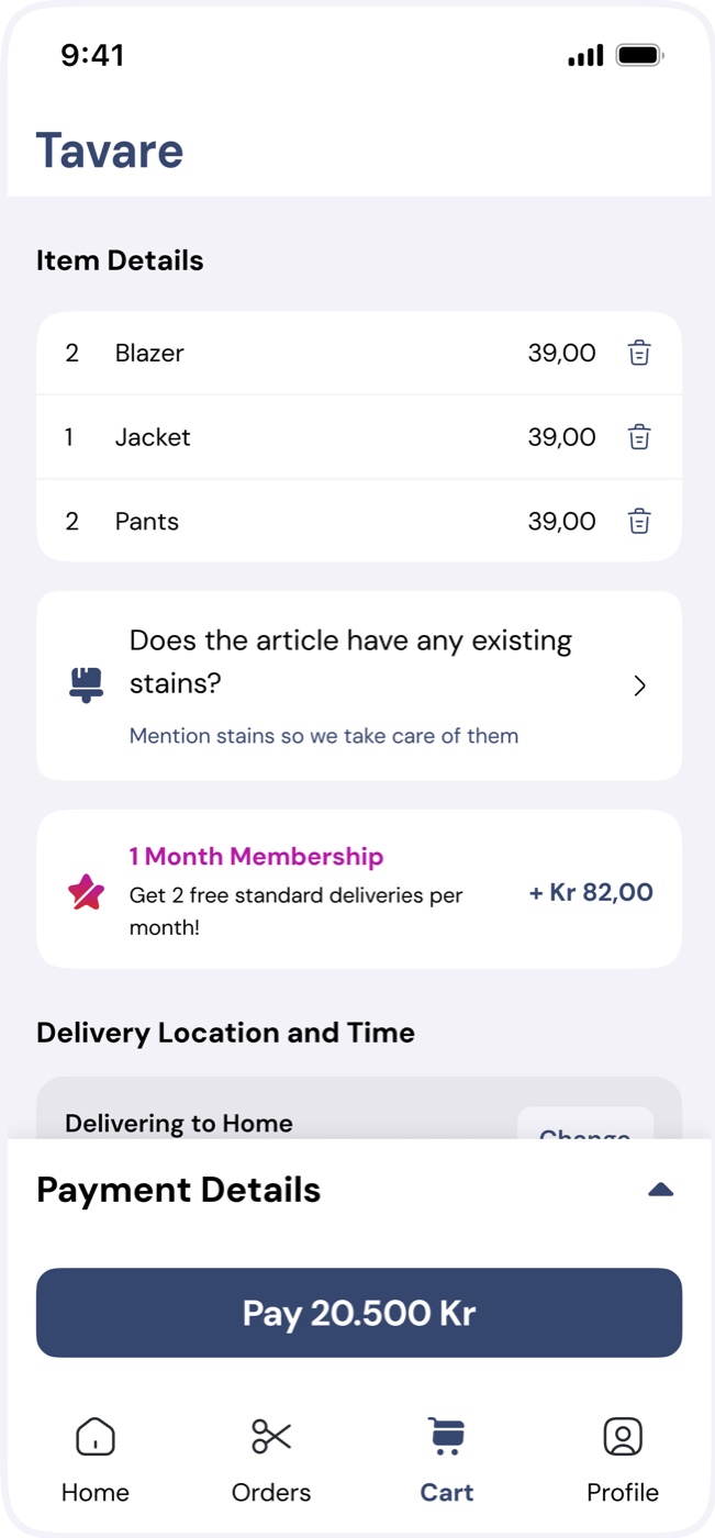 Cart: item details, a stains prompt, a membership offer and delivery location