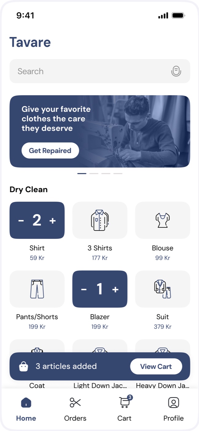 Shirt and Blazer tiles turned into quantity steppers, with a 3 articles added bar