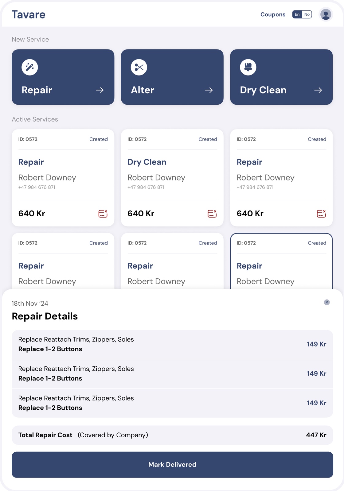 Repair details sheet with line items, company-covered total and Mark Delivered